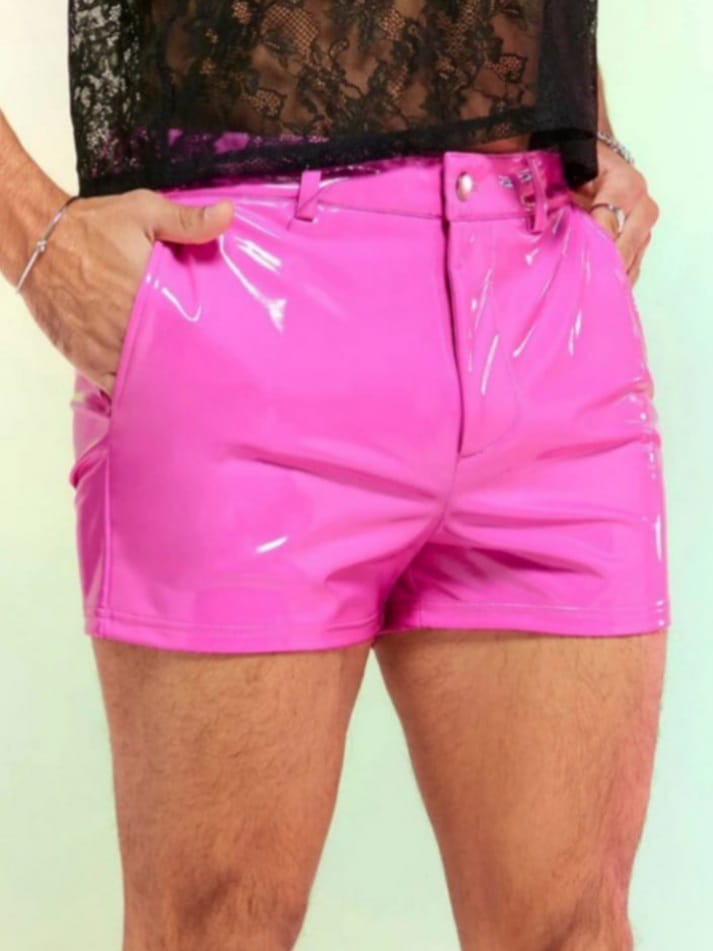Men's Solid PU Leather Pink Shorts